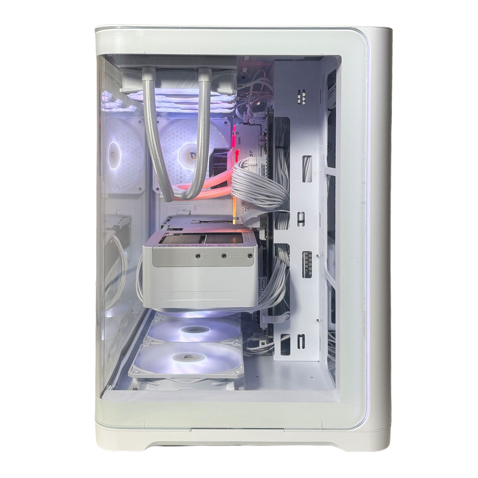 LOGIX AMD Ryzen 7 RTX 5070 Ti Pure White gaming PC with curved glass chassis and RGB liquid cooler