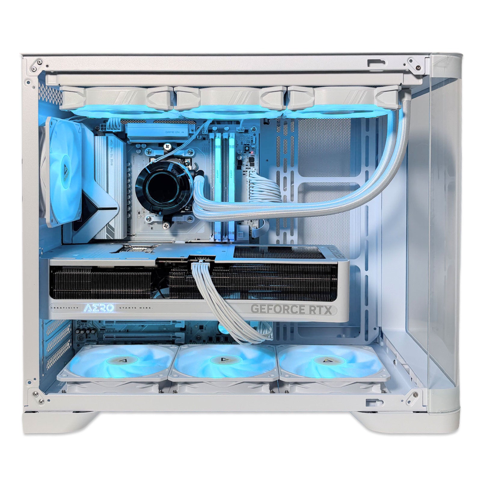 LOGIX AMD Ryzen 7 RTX 5070 Ti Pure White gaming PC with curved glass chassis and RGB liquid cooler
