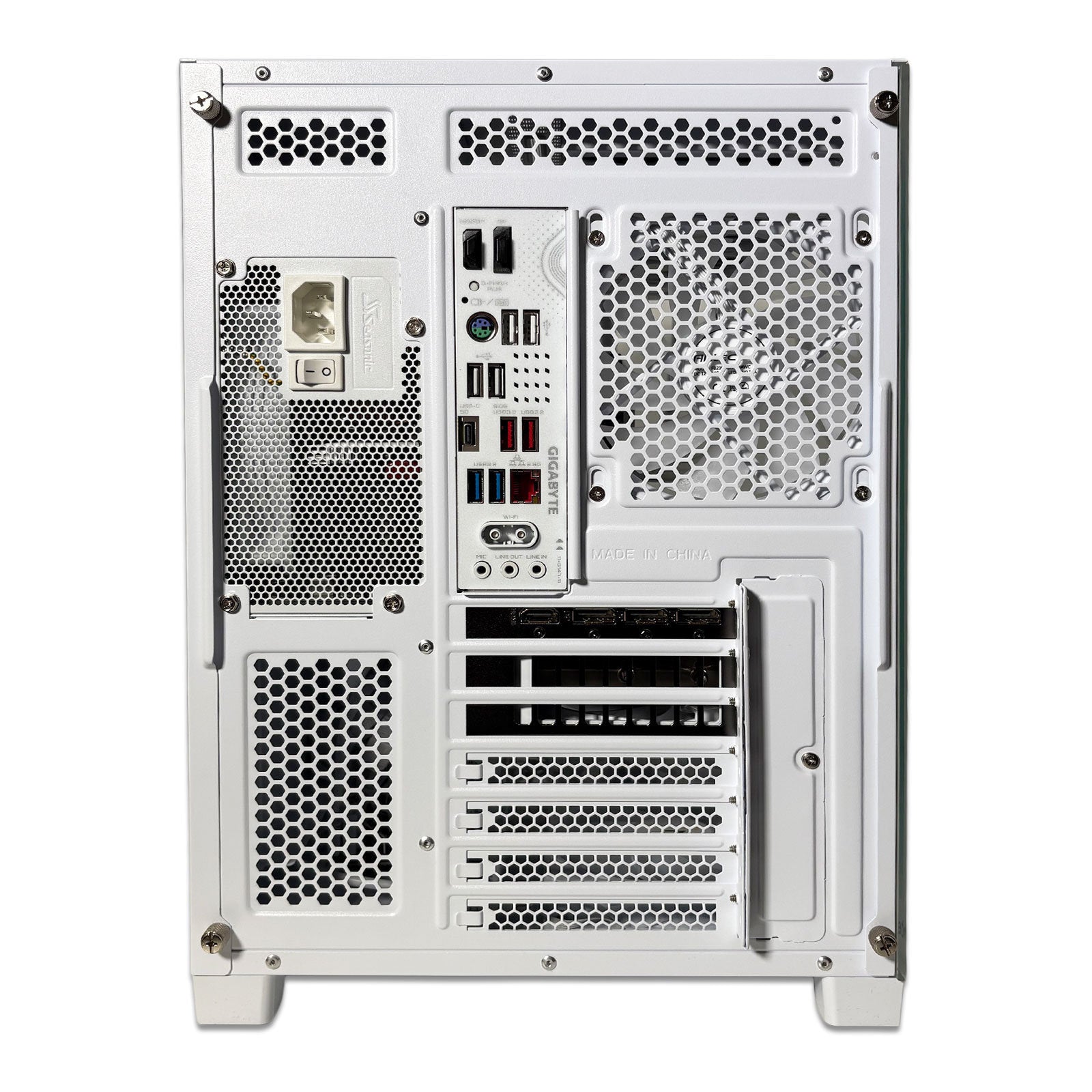 LOGIX AMD Ryzen 7 RTX 5070 Ti Pure White gaming PC with curved glass chassis and RGB liquid cooler