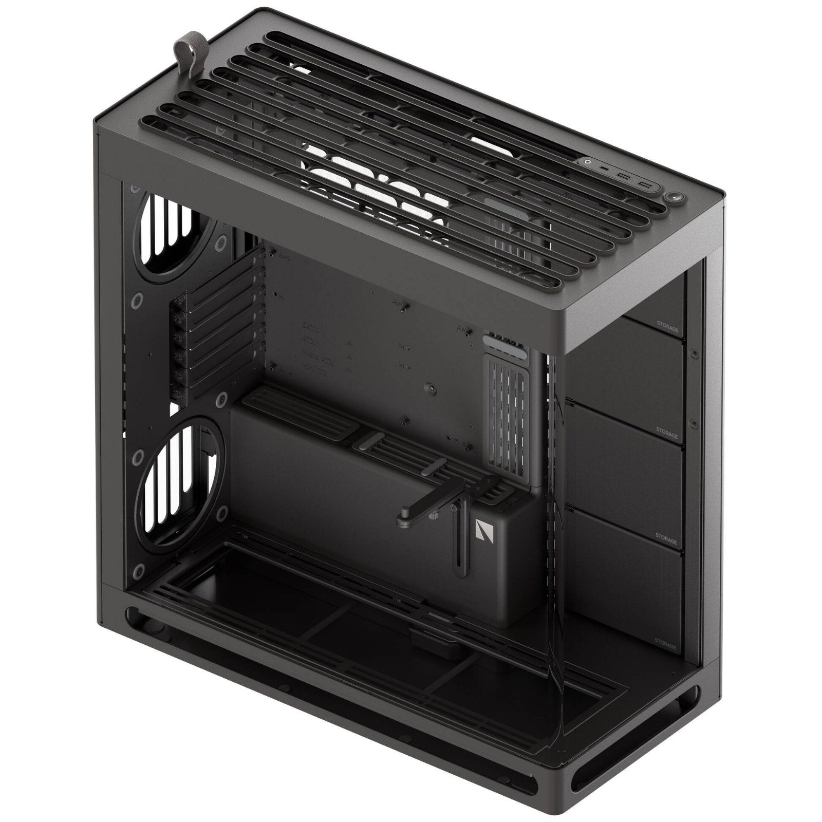 HAVN HVN-CA-HS420-06 black mid tower PC case with UniSheet glass, supports large GPUs and multiple fan configurations.