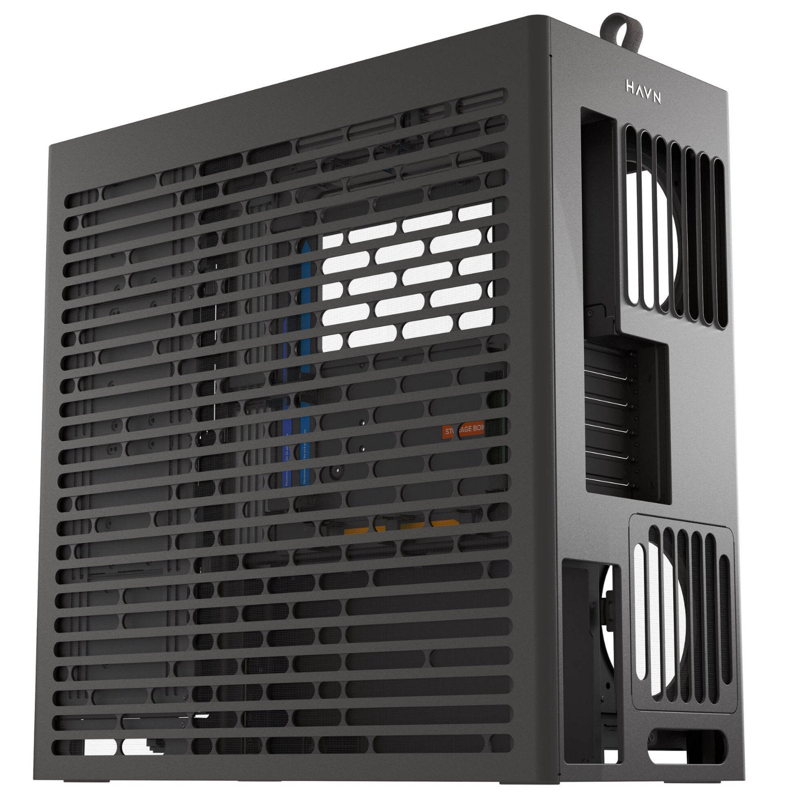 HAVN HVN-CA-HS420-06 black mid tower PC case with UniSheet glass, spacious interior, and multiple fan support options.