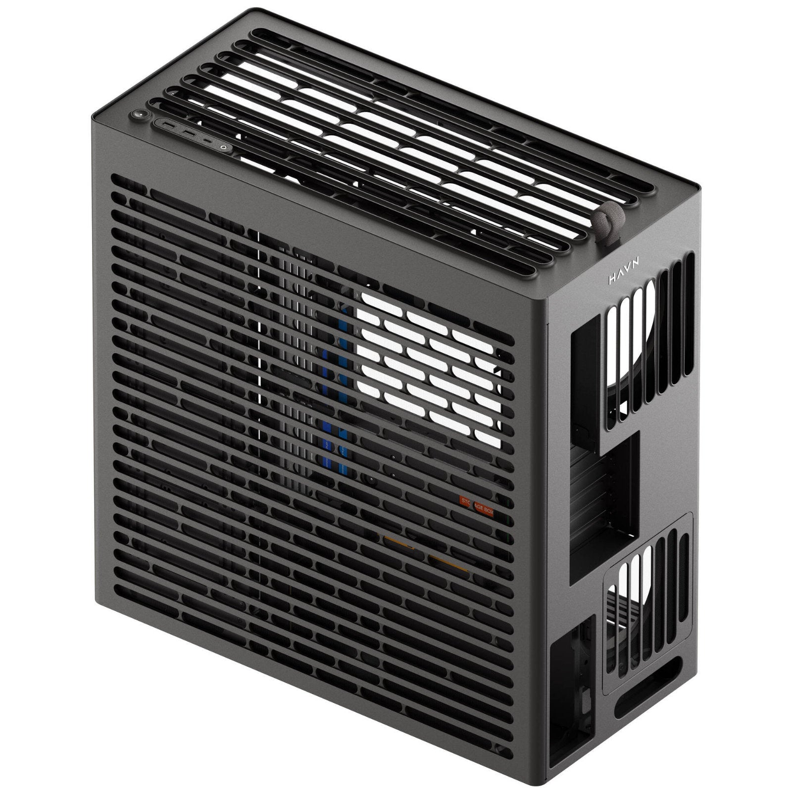 HAVN mid tower PC case with UniSheet glass, spacious interior, supports large GPUs and multiple fans for customizable cooling.