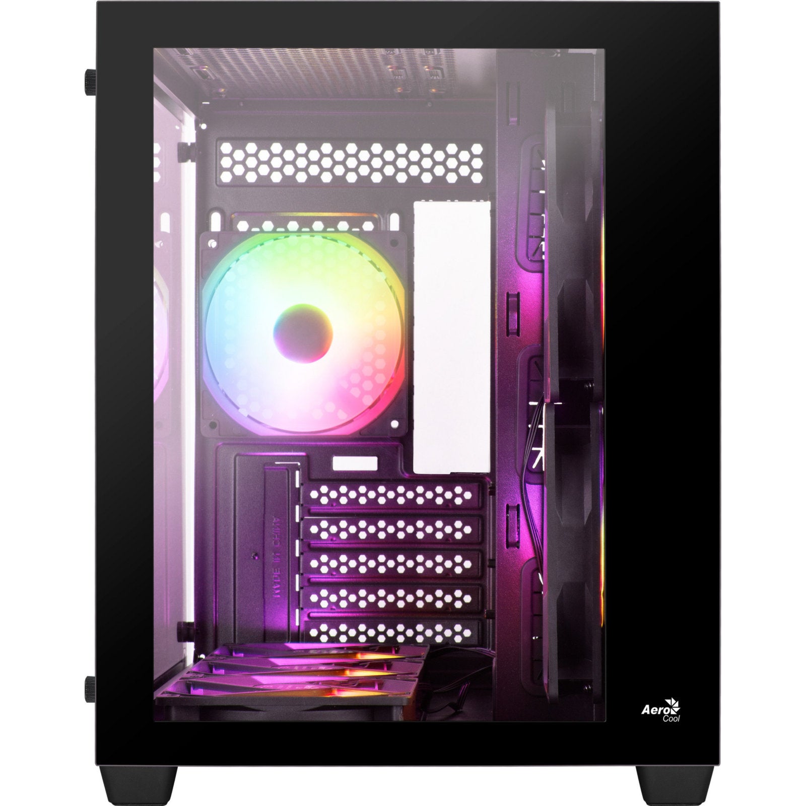 AEROCOOL mid-tower PC case with tempered glass window, RGB lighting, versatile fan support, and ample GPU clearance.