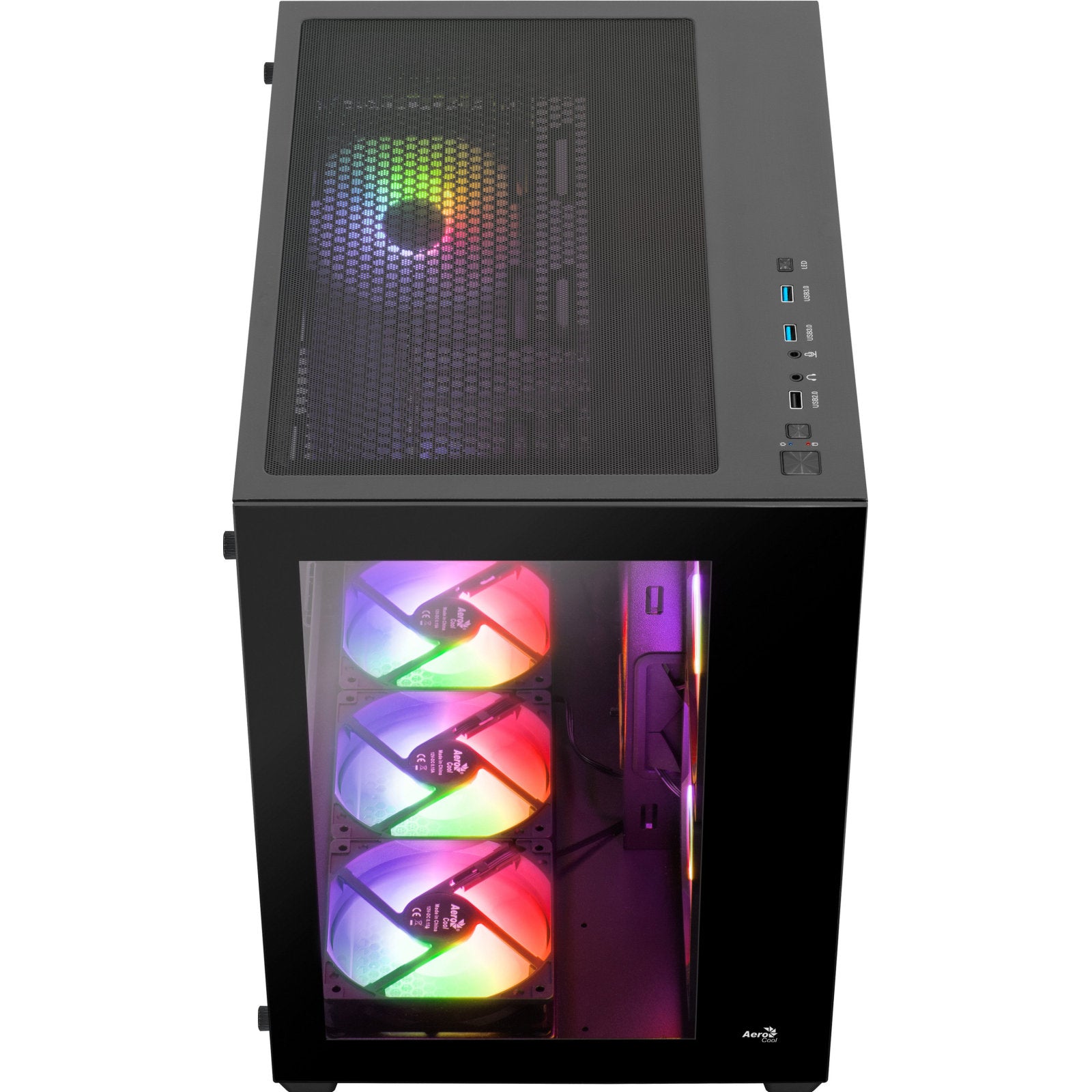 Aerocool mid tower PC case with tempered glass side panel, RGB lighting, includes 2x 140mm and 4x 120mm fans, supports ATX, Micro-ATX, Mini-ITX.