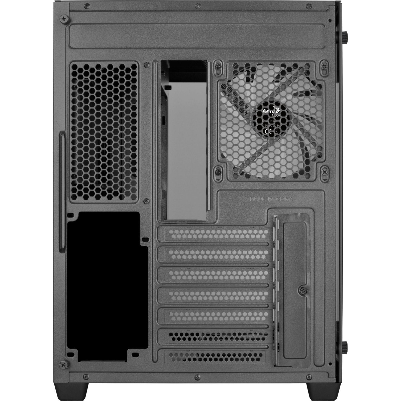 Aerocool mid tower PC case with tempered glass side panel, RGB lighting, includes 2x 140mm and 4x 120mm fans, supports ATX, Micro-ATX, Mini-ITX.