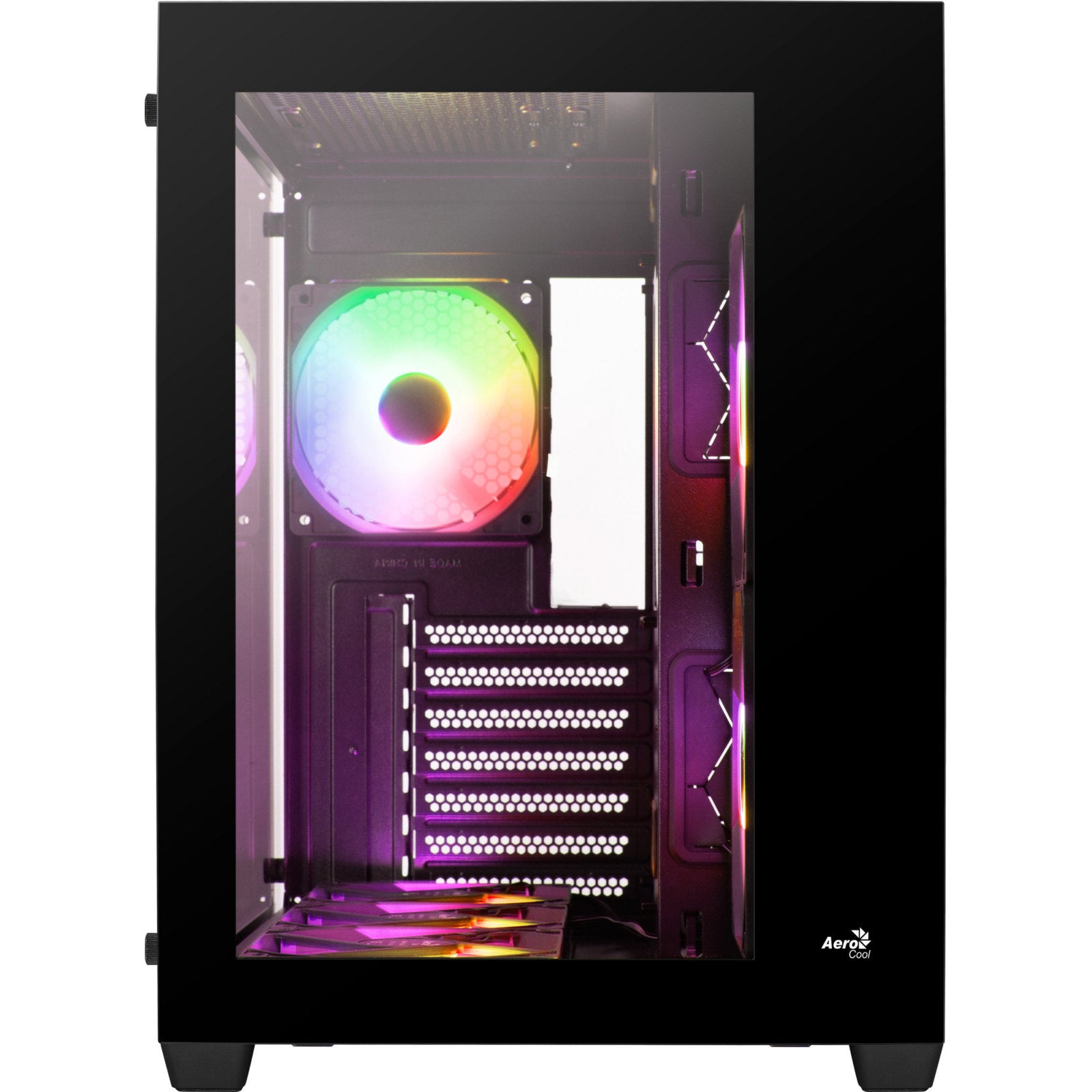 Aerocool mid tower PC case with tempered glass side panel, RGB lighting, included fans, supports various motherboard sizes.