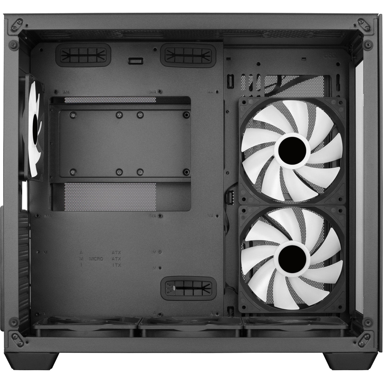 Aerocool mid tower PC case with tempered glass side panel, RGB lighting, and included 140mm and 120mm fans for ATX and Micro-ATX builds.
