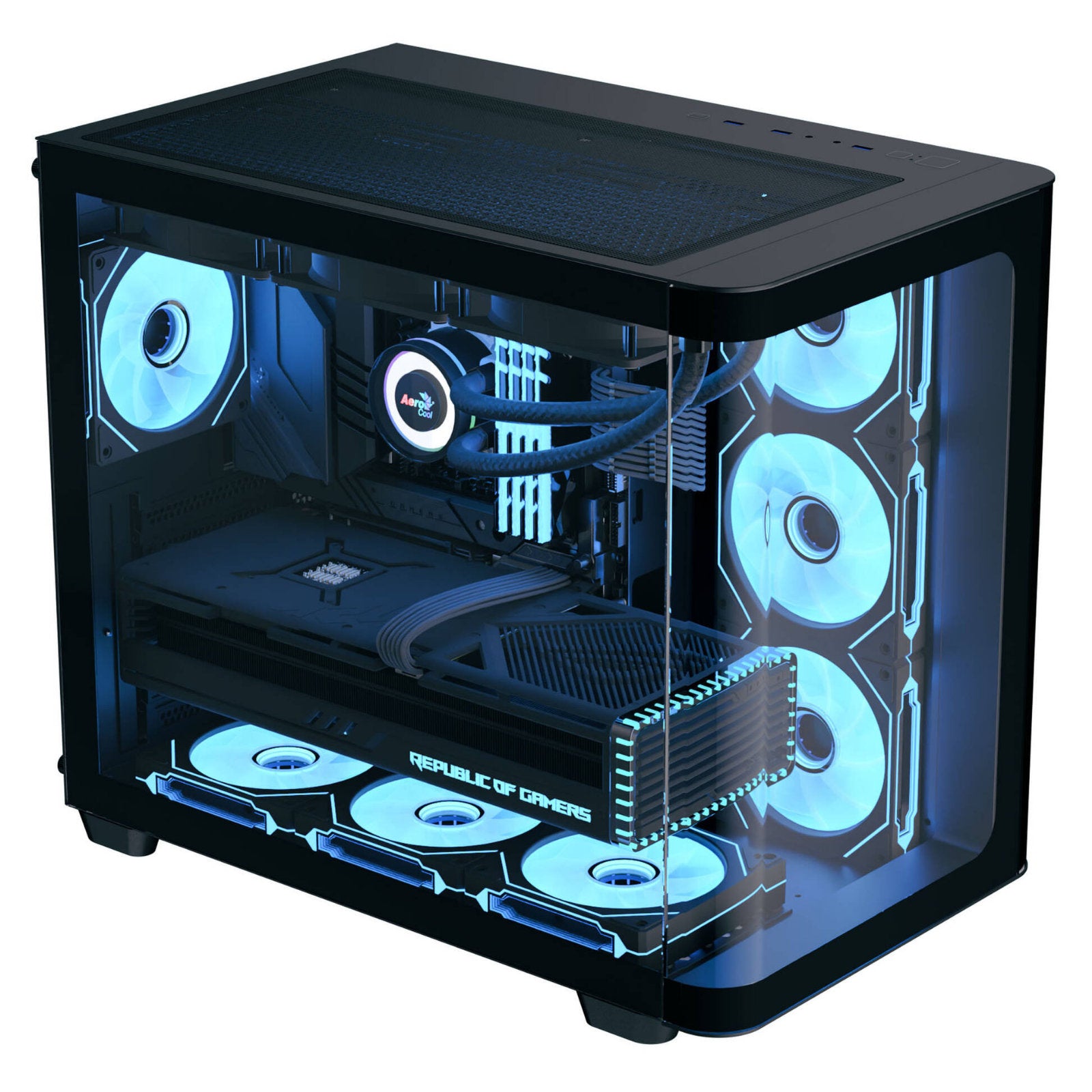 AeroCool dual-chamber PC case with curved glass panel, four ARGB fans, spacious GPU clearance, fits ATX, Micro-ATX, Mini-ITX motherboards.
