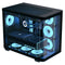 AeroCool dual-chamber PC case with curved glass panel, four ARGB fans, spacious GPU clearance, fits ATX, Micro-ATX, Mini-ITX motherboards.