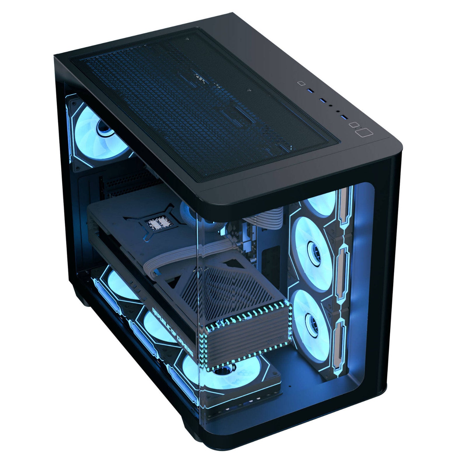 AeroCool dual-chamber PC case with curved glass panel, four ARGB fans, spacious GPU clearance, supporting ATX, Micro-ATX, Mini-ITX motherboards.