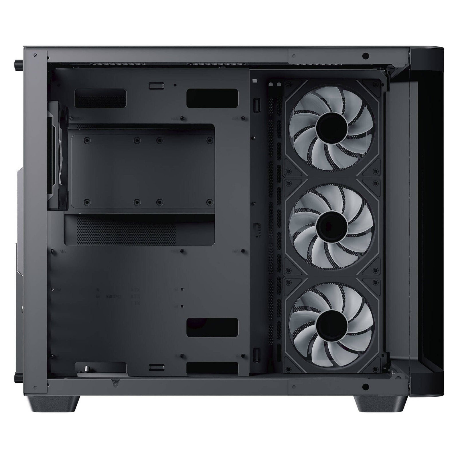 AeroCool dual-chamber PC case with curved glass panel, four ARGB fans, large GPU clearance, supporting ATX, Micro-ATX, and Mini-ITX motherboards.