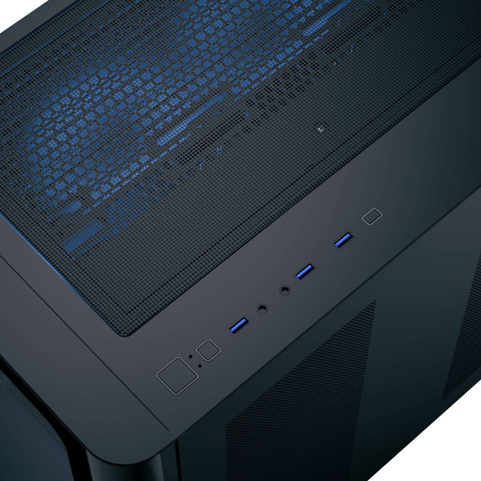 Aerocool dual-chamber PC case with curved glass panel, four ARGB fans, spacious GPU clearance, supports ATX, Micro-ATX, Mini-ITX motherboards.