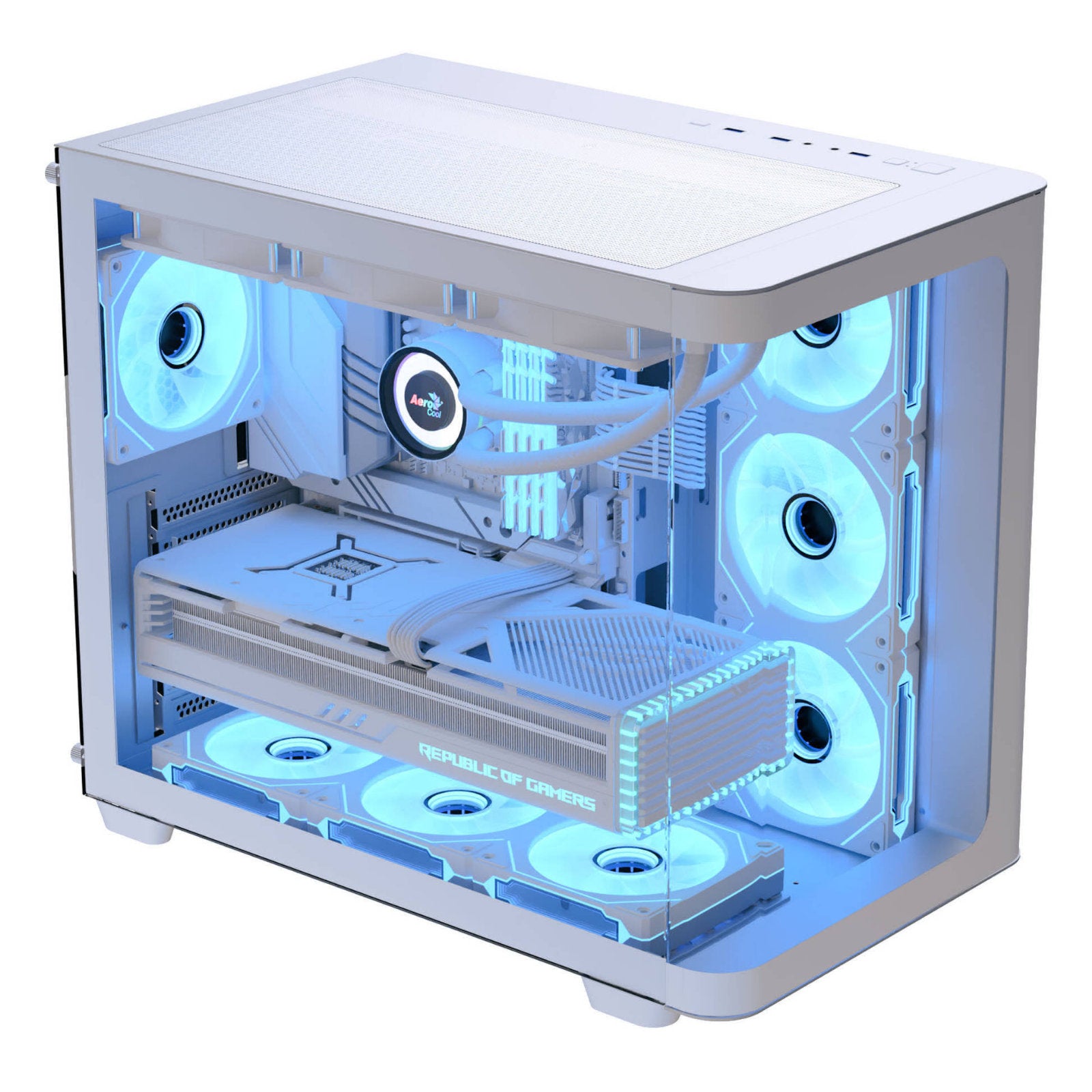 AeroCool dual-chamber PC case with curved glass panels, four ARGB fans, white finish, supports up to ATX motherboards and large GPUs.