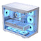 AeroCool dual-chamber PC case with curved glass panels, four ARGB fans, white finish, supports up to ATX motherboards and large GPUs.