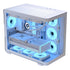 AeroCool dual-chamber PC case with curved glass panels, four ARGB fans, white finish, supports up to ATX motherboards and large GPUs.