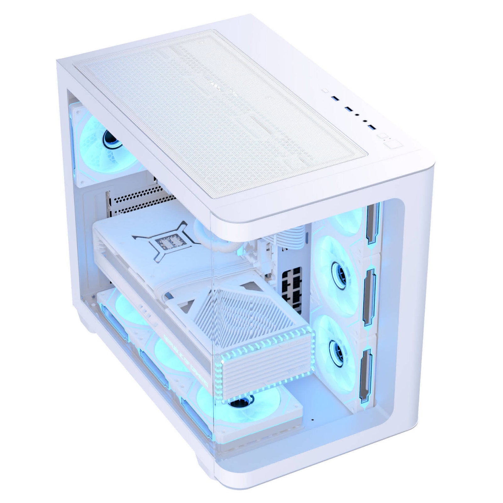 AeroCool dual-chamber PC case with curved glass panels, four ARGB fans, white finish, supports ATX motherboards and large GPUs.