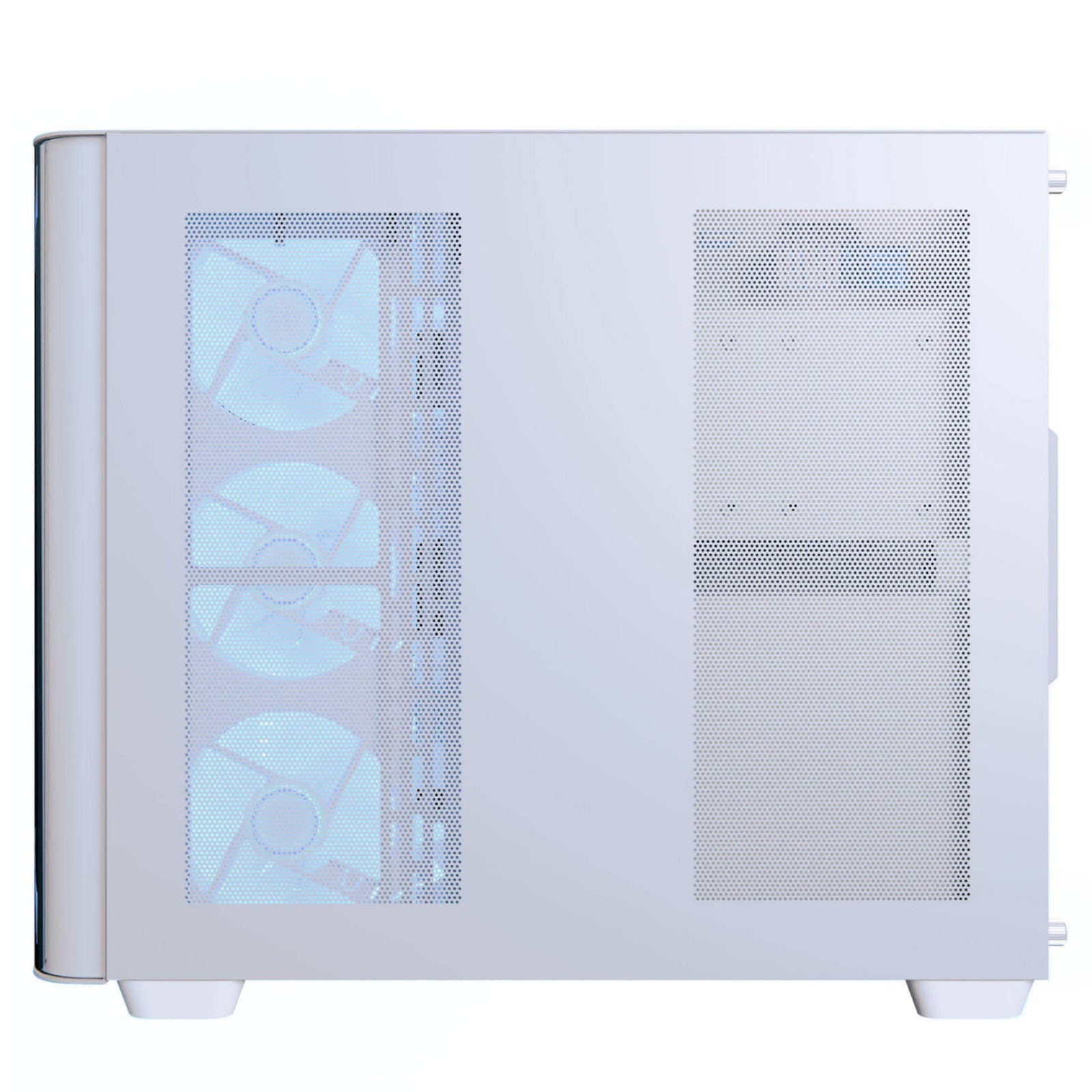 AeroCool dual-chamber PC case with curved glass panel, four ARGB fans, white finish, supports ATX motherboards and multiple drive bays.