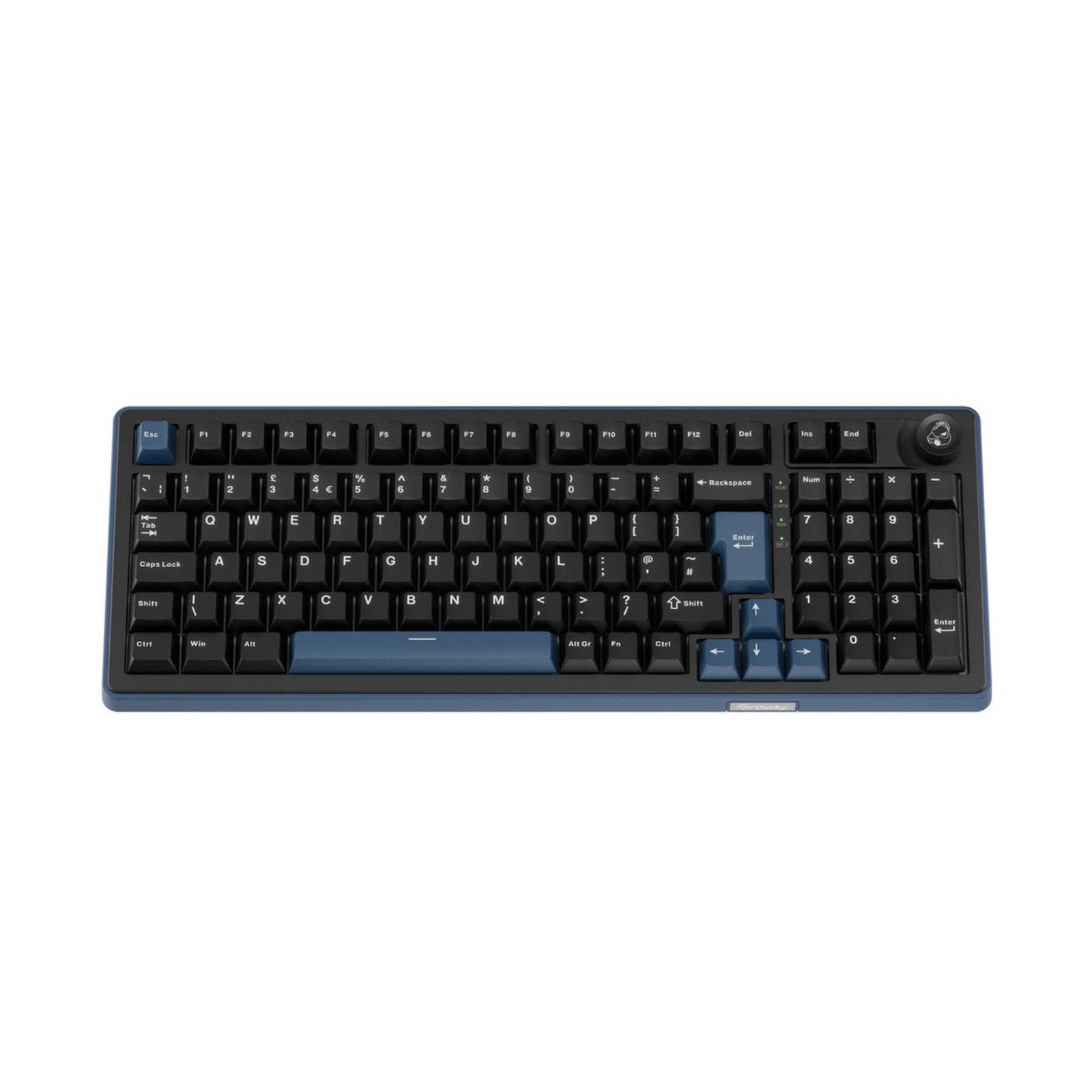 Ducky OK-M tri-mode mechanical keyboard with black frame, blue switches, UK layout, and wine red switches on keycaps.