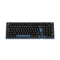 Ducky OK-M tri-mode mechanical keyboard with black frame, blue switches, UK layout, and wine red switches on keycaps.