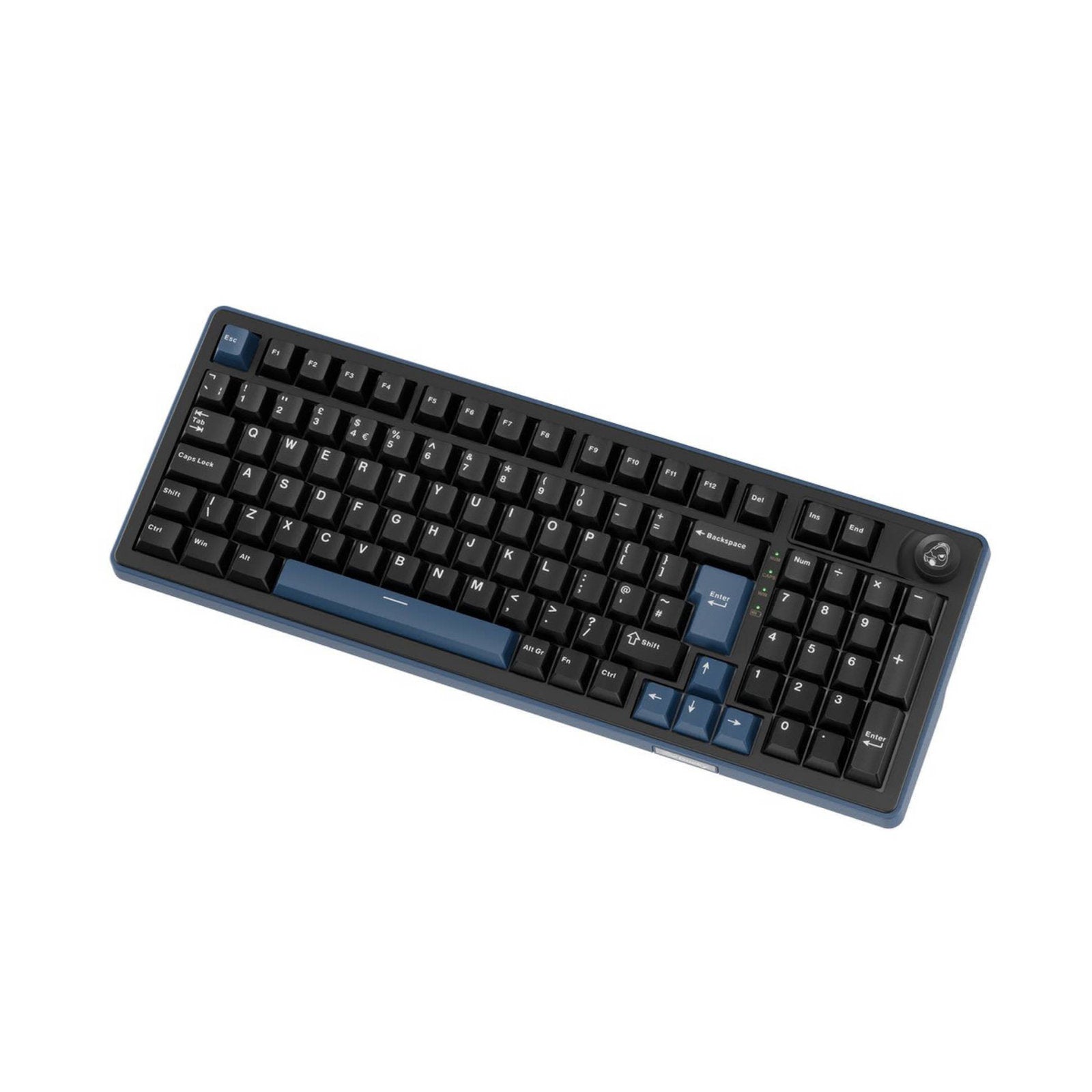 Ducky OK-M tri-mode mechanical keyboard with black-blue keys and UK layout, featuring wine red switches.