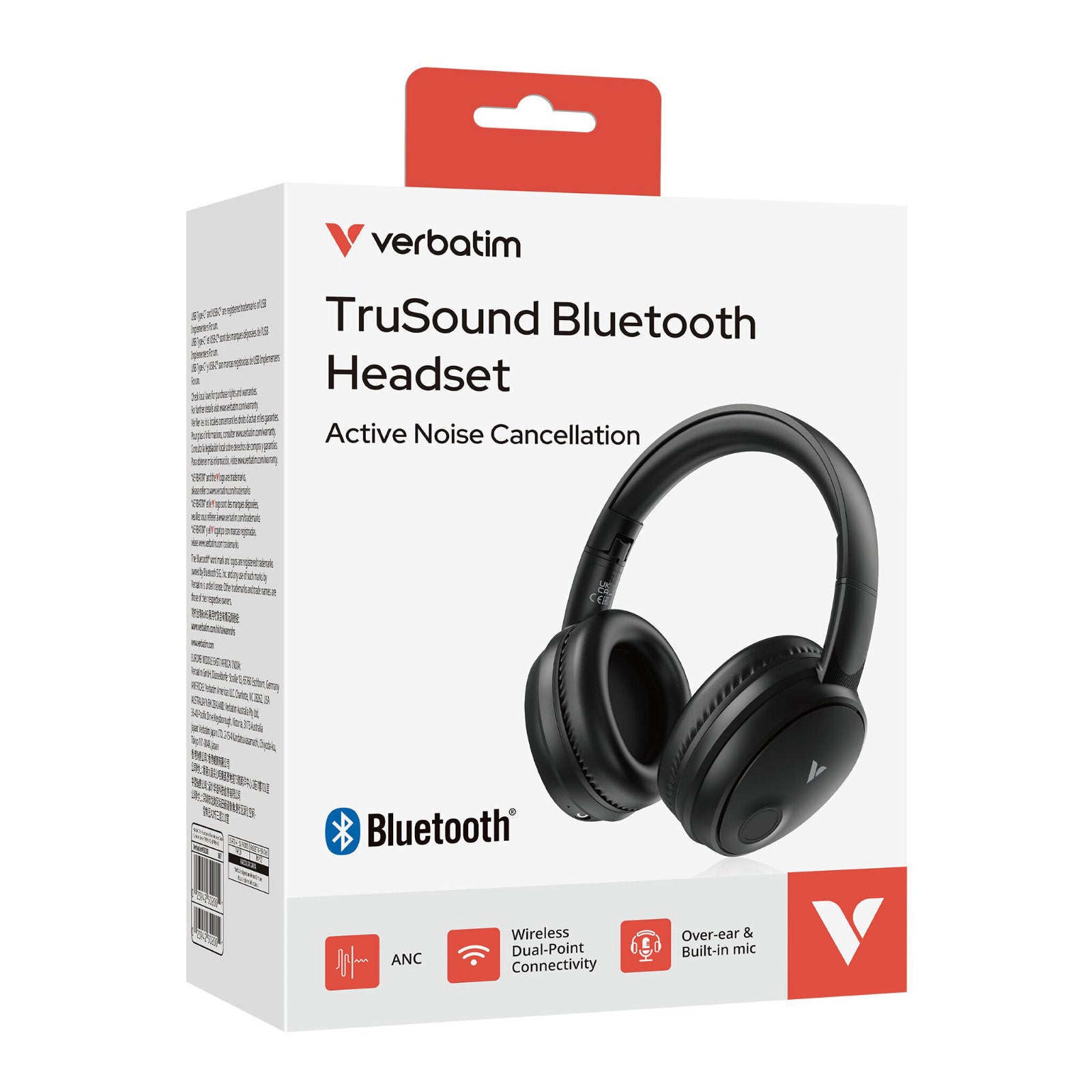 Verbatim TruSound Bluetooth ANC wireless headset with noise cancellation, black headphones, detachable cable, and 25-hour battery life.