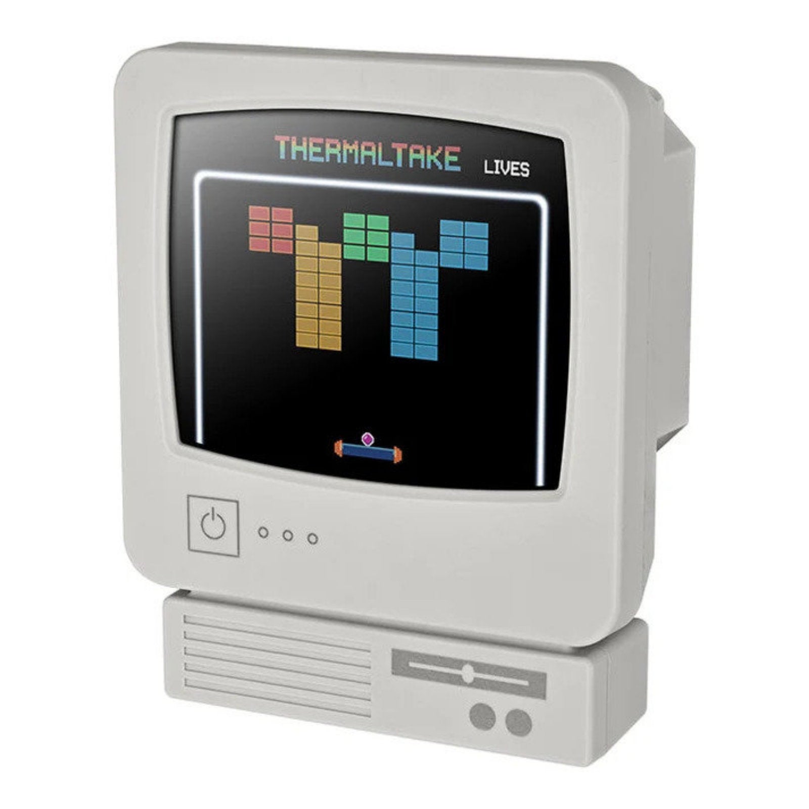 Thermaltake Retro 360 Ultra ARGB Sync AIO liquid cooler with triple 120mm ARGB fans and CRT-style 3.7” LCD display in white.