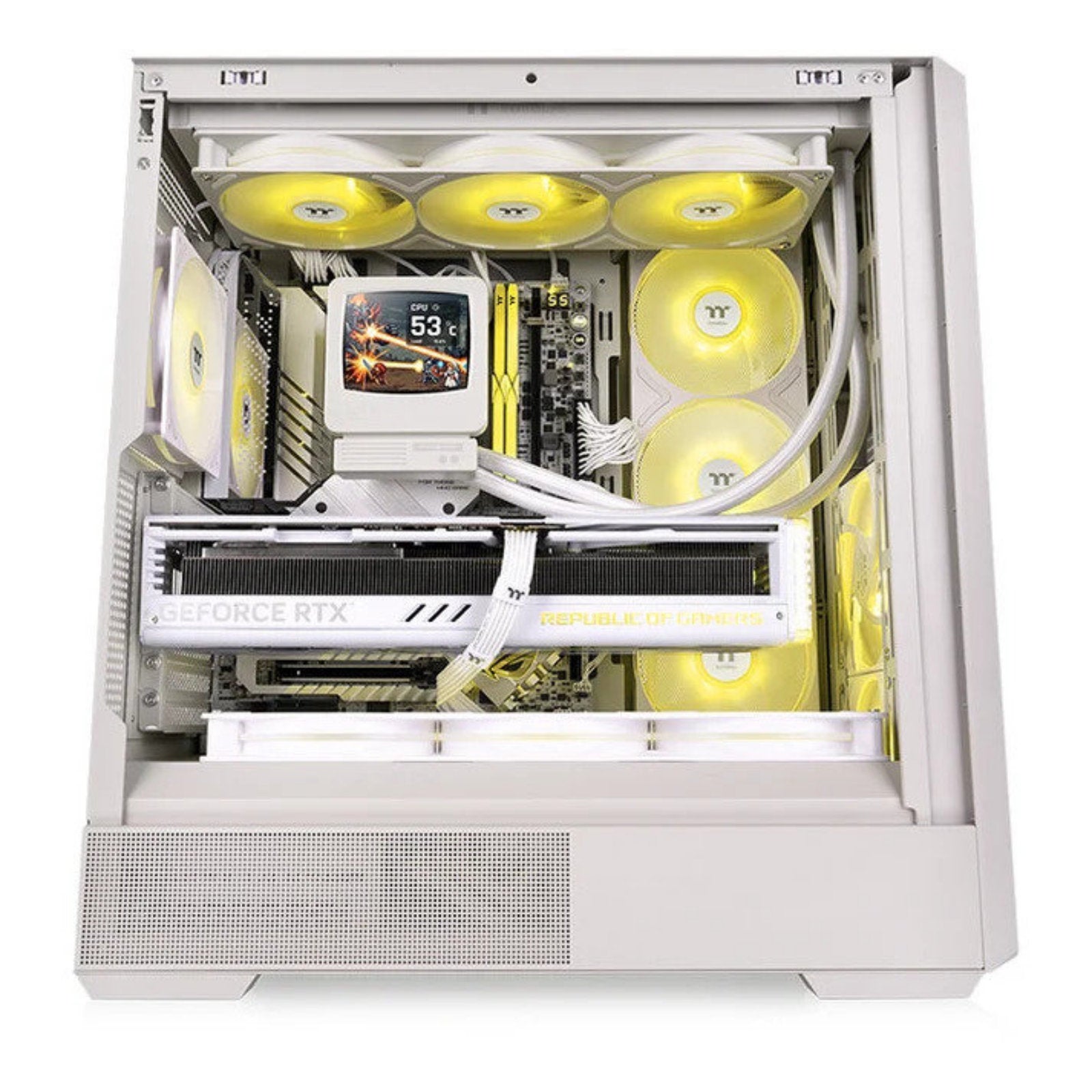 Thermaltake Retro 360 Ultra ARGB Sync AIO liquid cooler with triple 120mm ARGB fans and CRT-style 3.7” LCD display in white