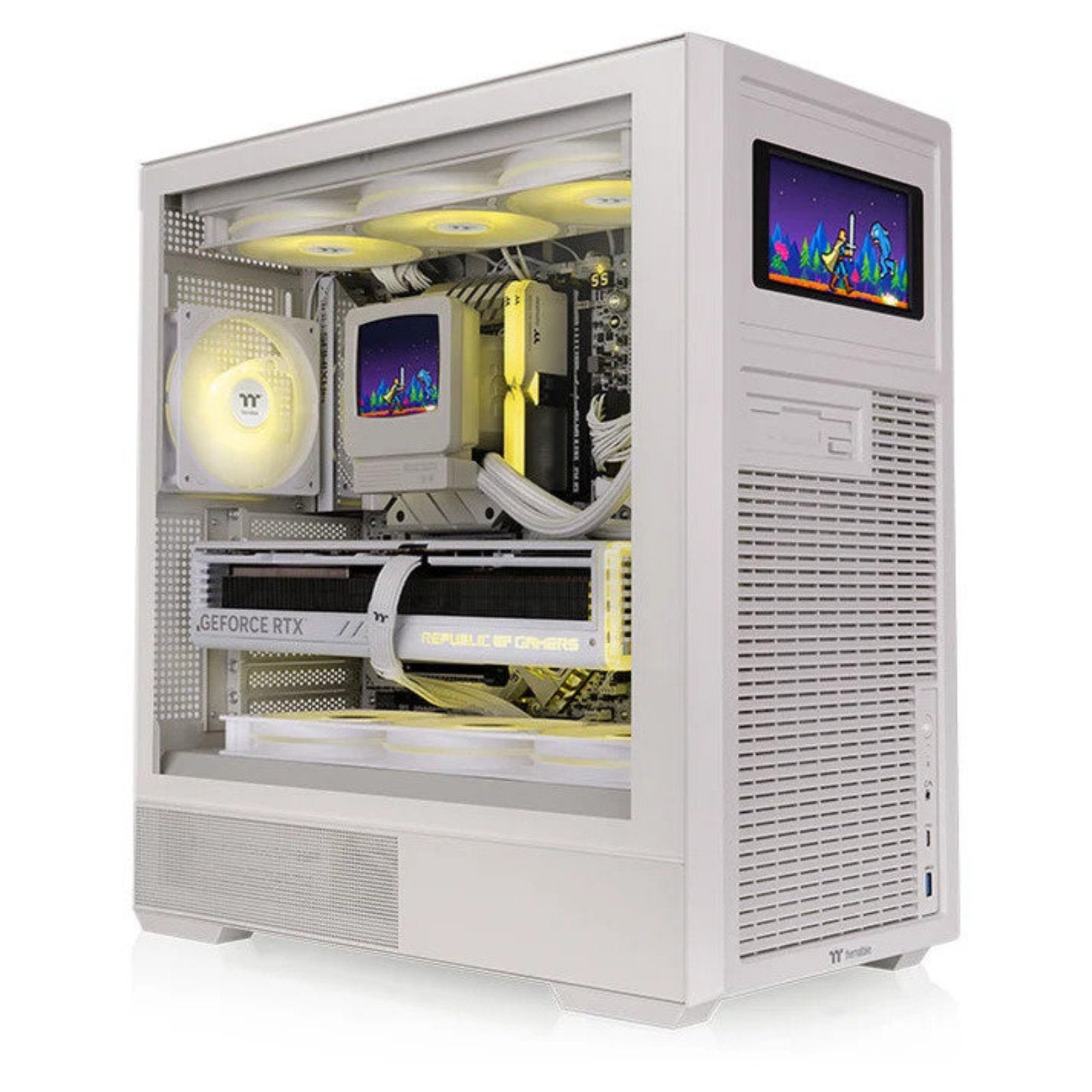 THERMALTAKE Retro 360 Ultra ARGB liquid cooler with three 120mm ARGB fans and CRT-style LCD display in white