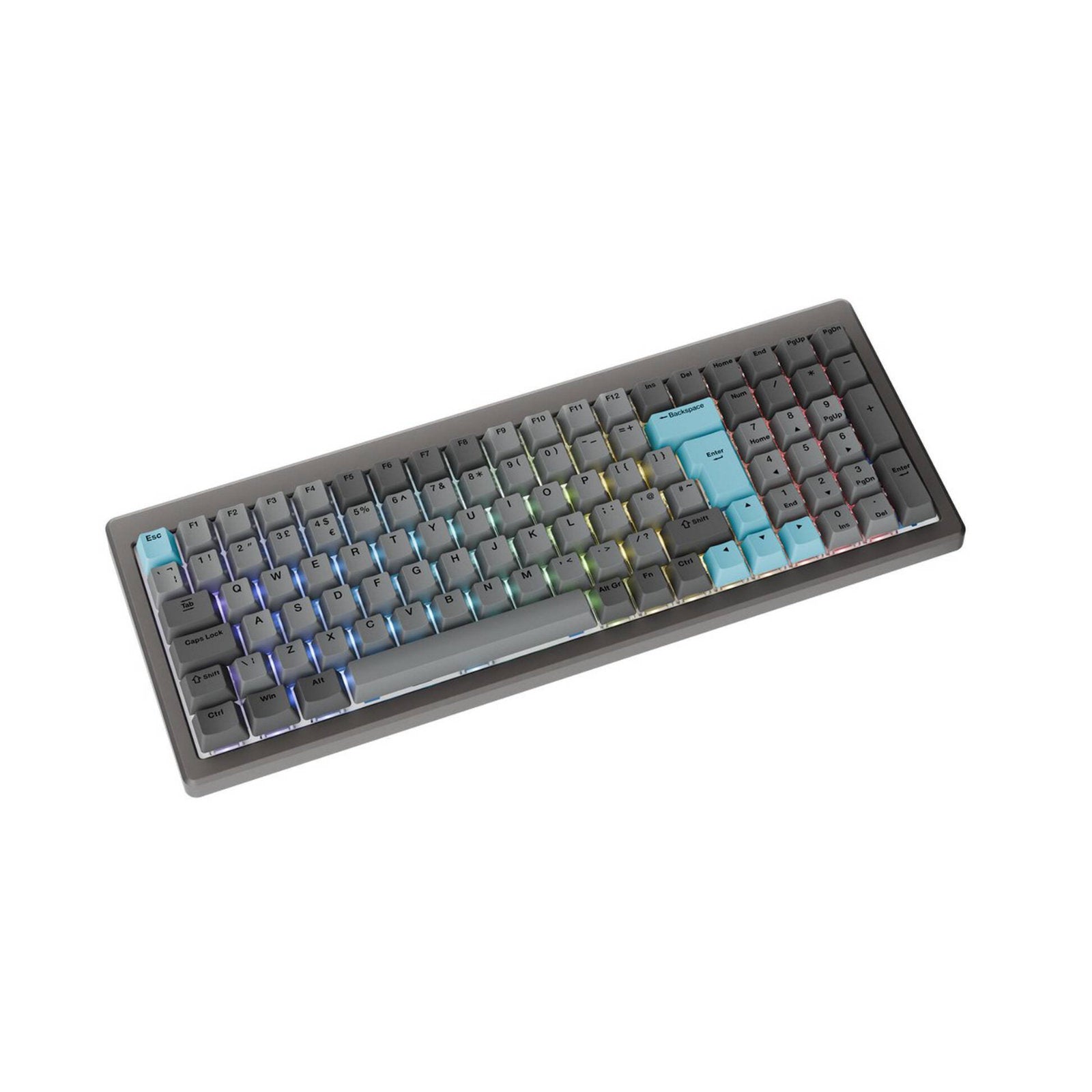 Ducky Cushion 98 mechanical keyboard with UK layout, green switches, and silent key technology.