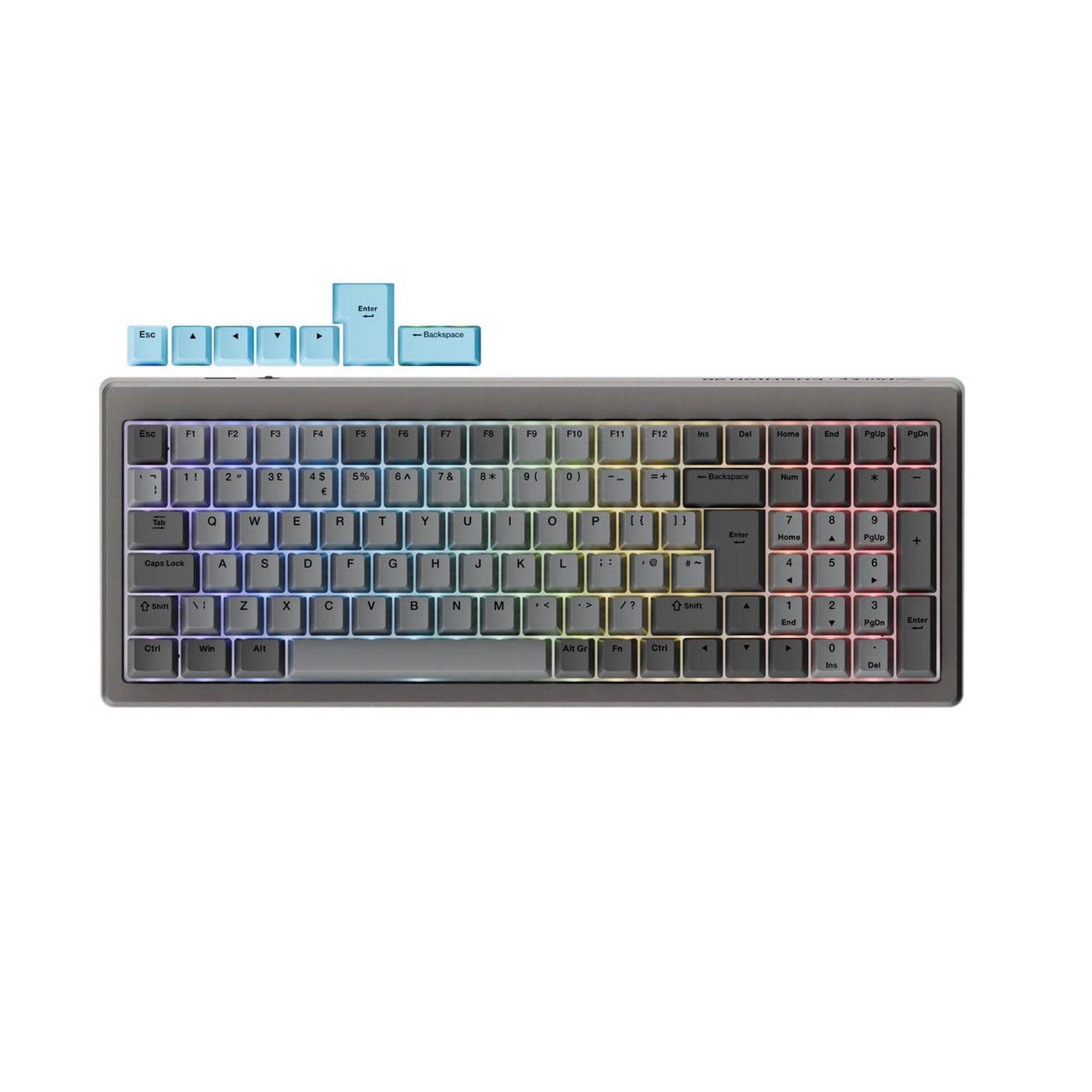 Ducky Cushion 98 keyboard with UK layout featuring Ducky Silent Green switches, shown with keycaps and compact design.