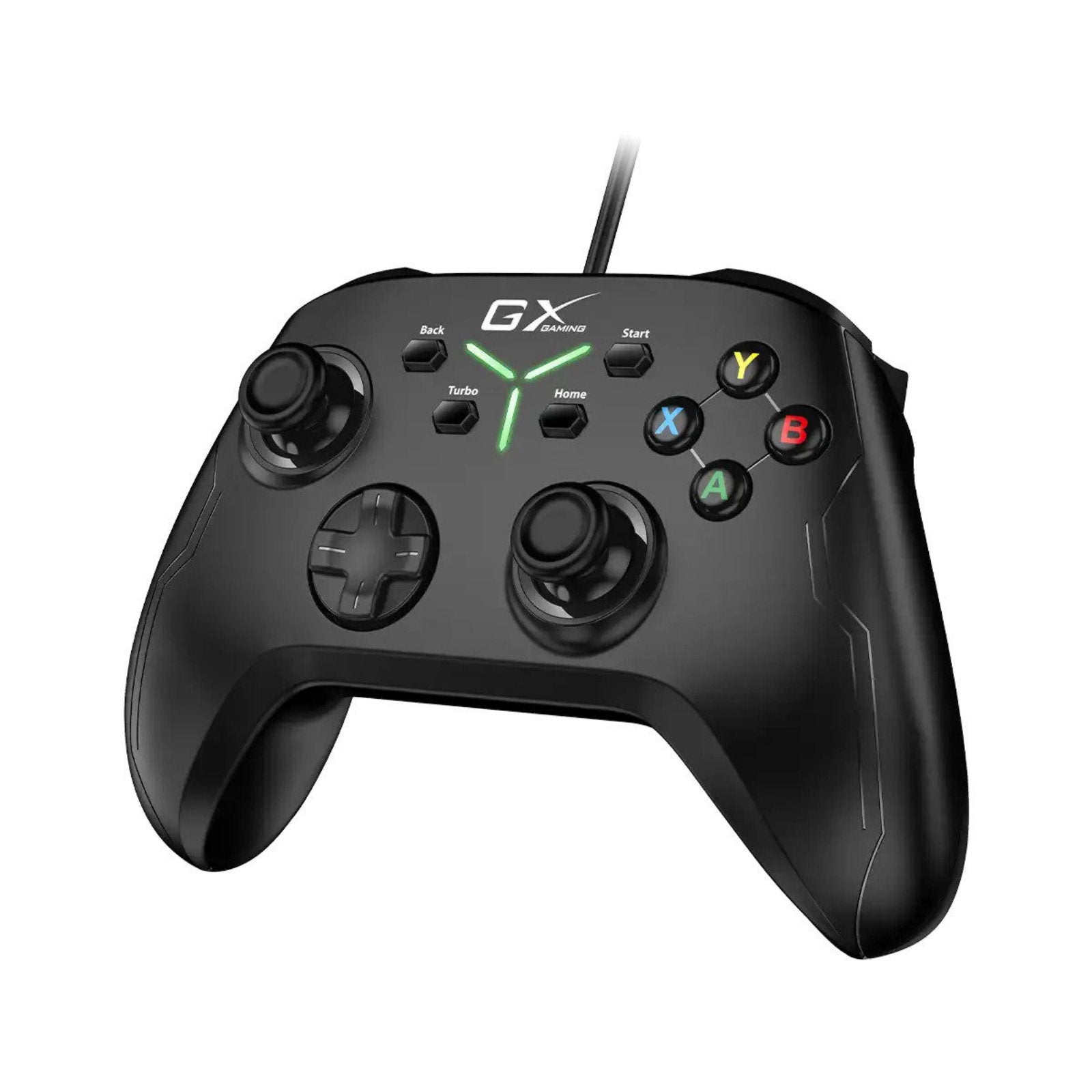 GENIUS GX-21UV USB gamepad with vibration feature, black gaming controller with ergonomic design and button layout.