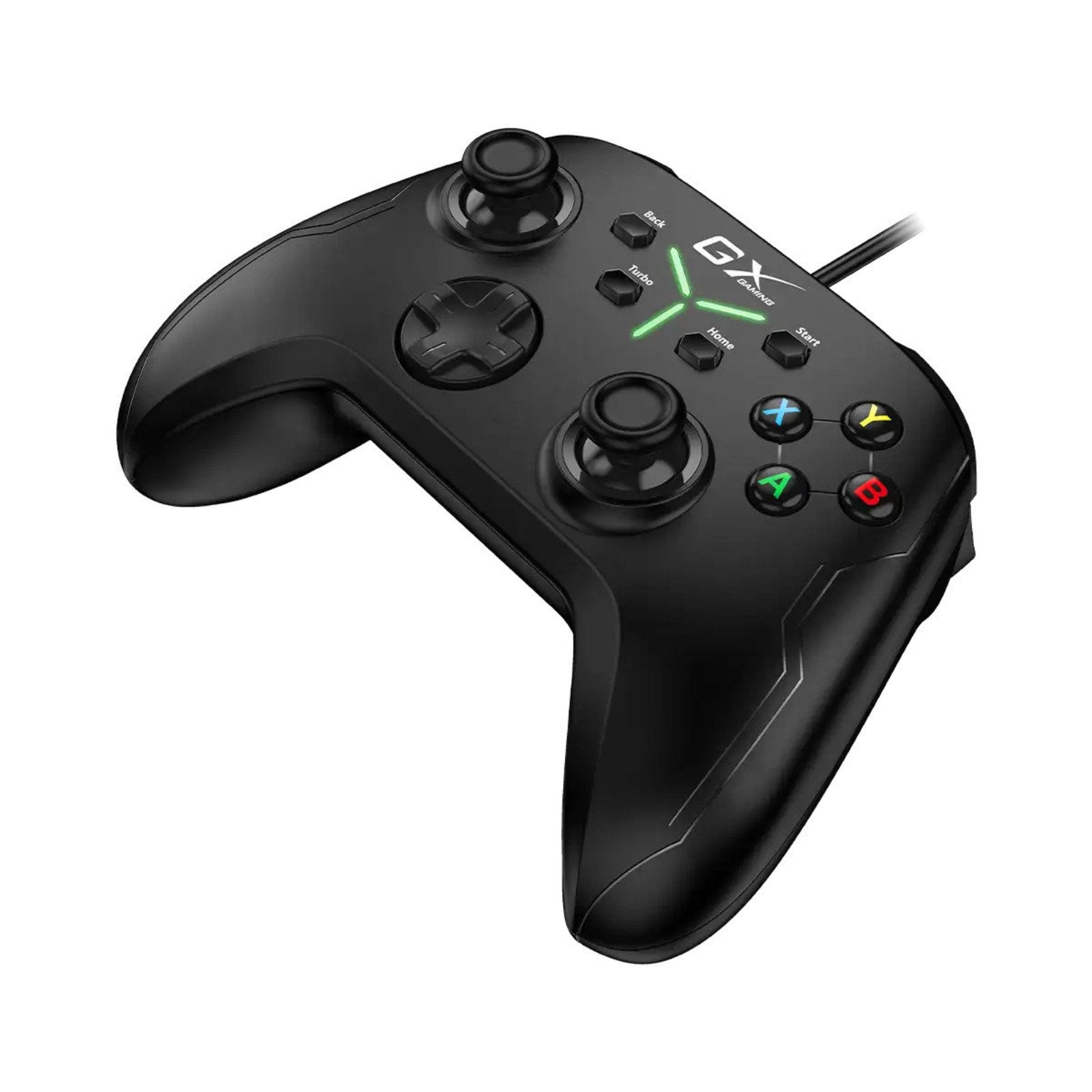Genius GX-21UV USB gamepad with vibration technology, black gaming controller with ergonomic design and multiple buttons.