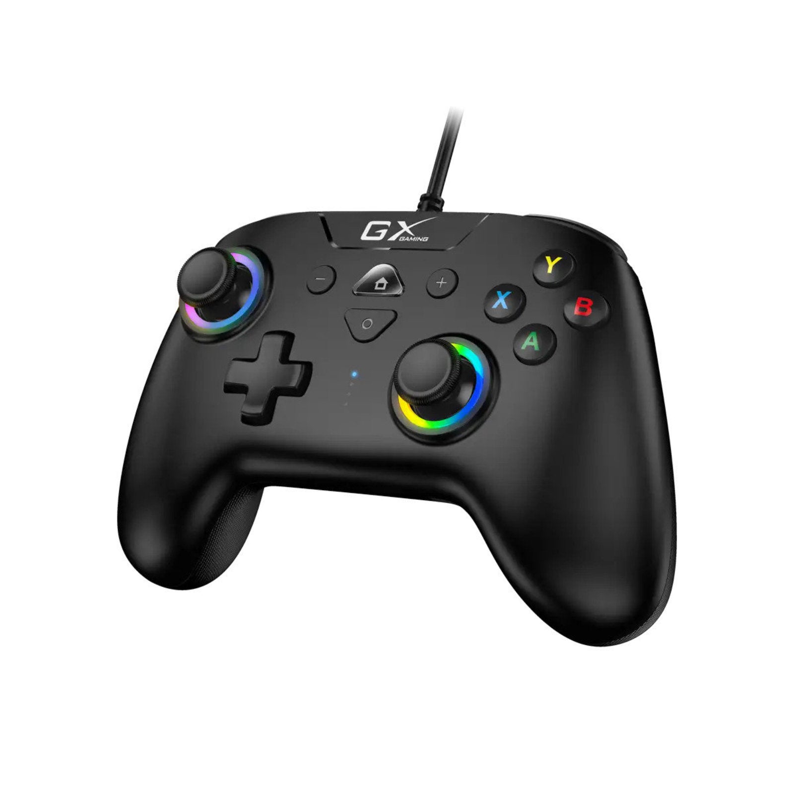 Genius GX-23UV USB RGB gamepad with vibration features, ergonomic design, and colorful backlit buttons for gaming accessories.