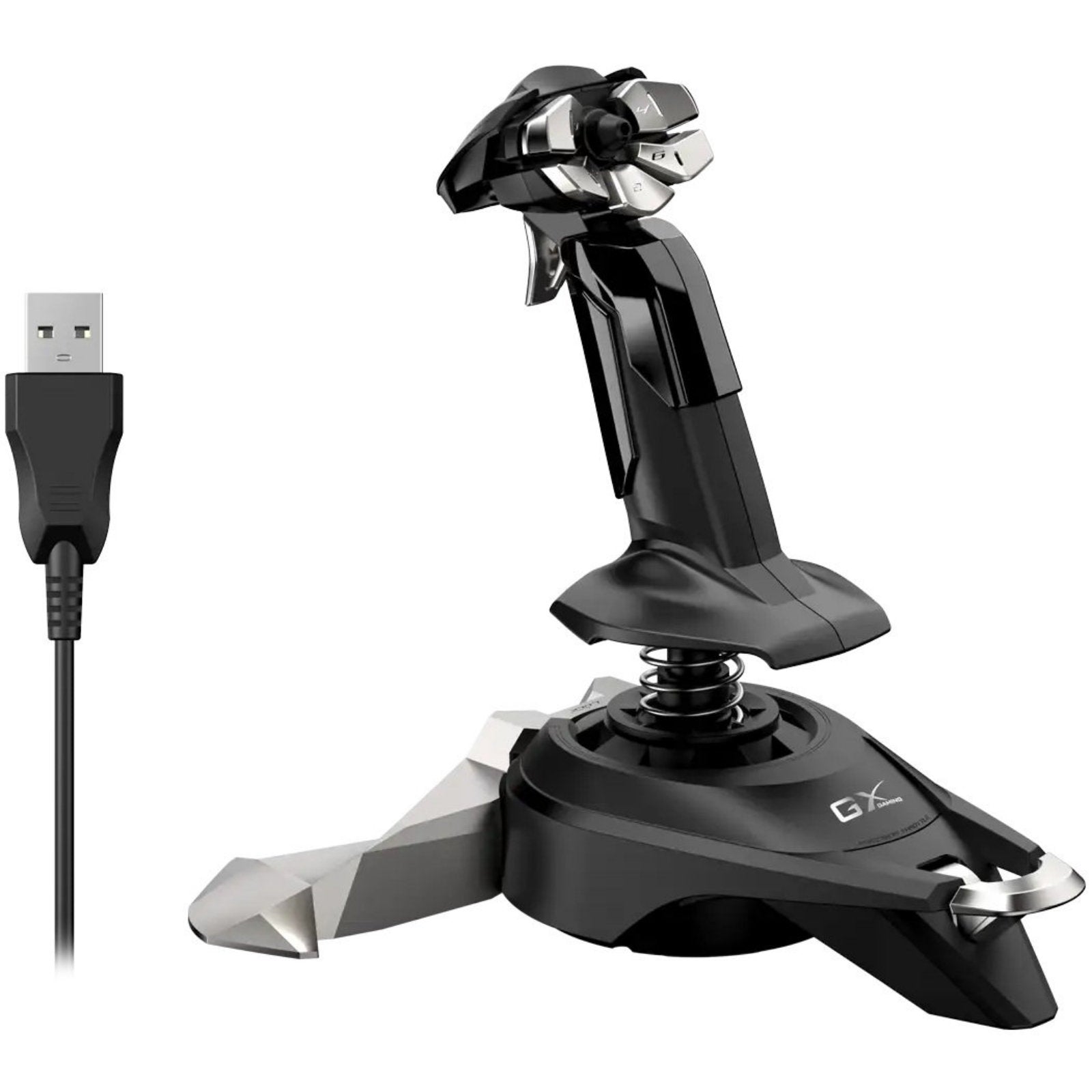 GENIUS MaxFire F27 USB flight joystick with 4 axes and 12 buttons, featuring non-slip grip for PC flight simulators.