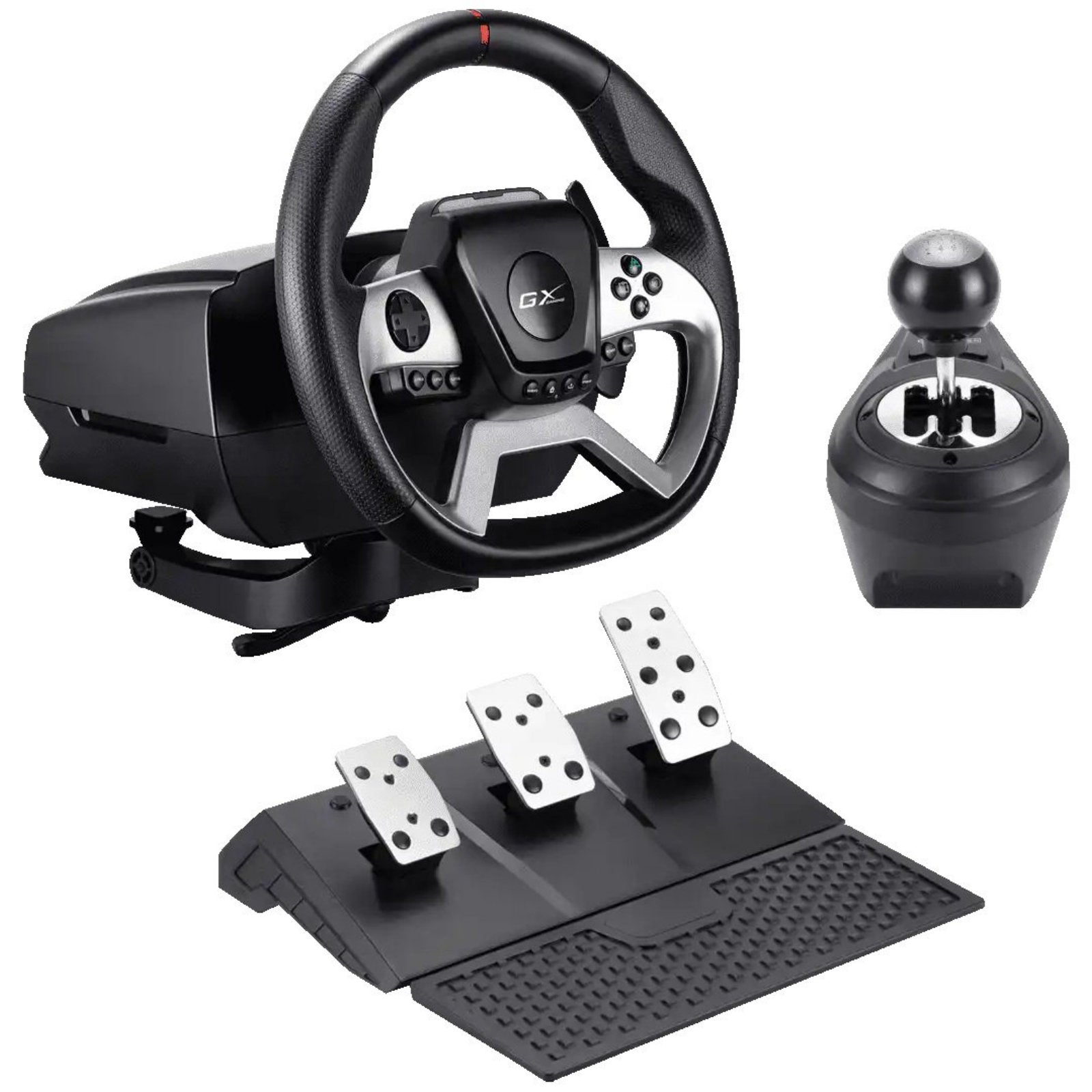 Genius SpeedMaster X5 FF 1080-degree force feedback racing wheel with six-plus R shifter for realistic racing simulation accessories.