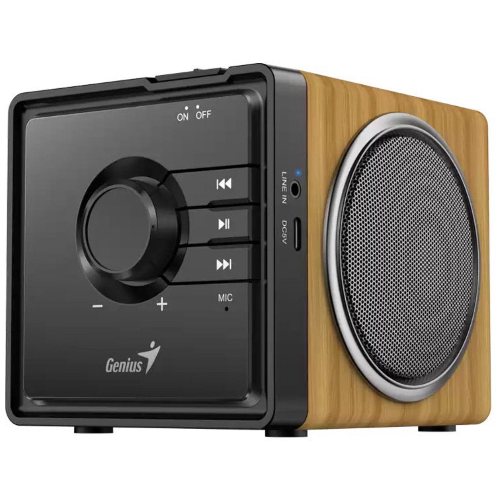 Genius SP-916BT Bluetooth wood speaker with built-in mic, USB-C charging, and Bluetooth 5.3 connectivity, shown in the image.