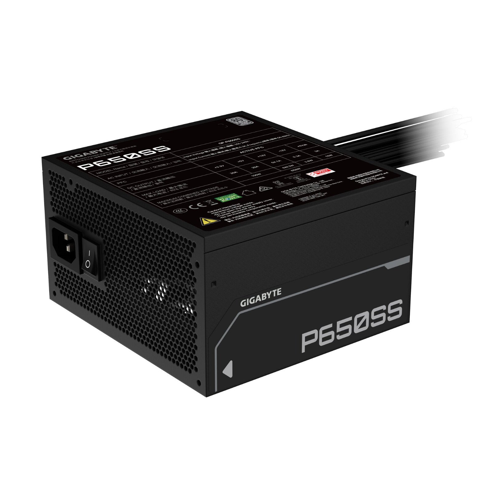 Gigabyte P650SS 650W ATX power supply with black casing, 120mm fluid dynamic bearing fan, non-modular design, 80 PLUS Silver.