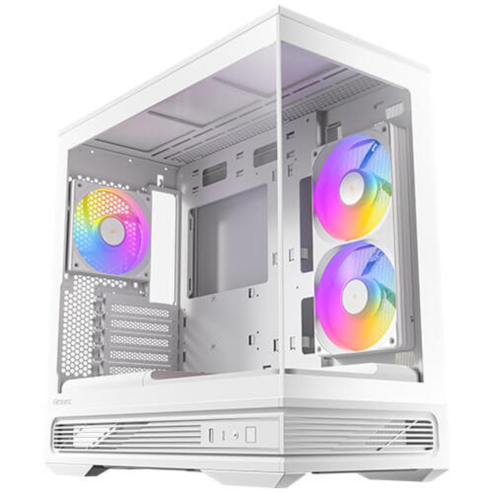 Antec Constellation C2M ARGB Micro-ATX PC case with panoramic tempered glass, ARGB fans, USB-C port, and 360mm radiator support in white.