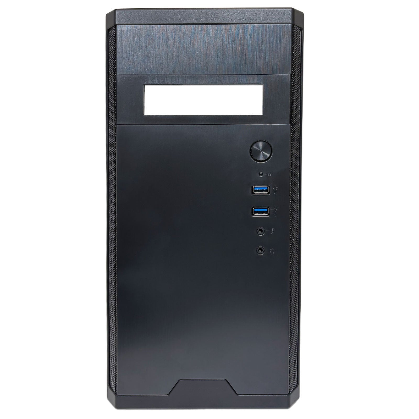 Black Fractal Design Core 1000 Micro-ATX mini tower PC case with USB 3.0 ports, showcasing its compact design and front panel features.