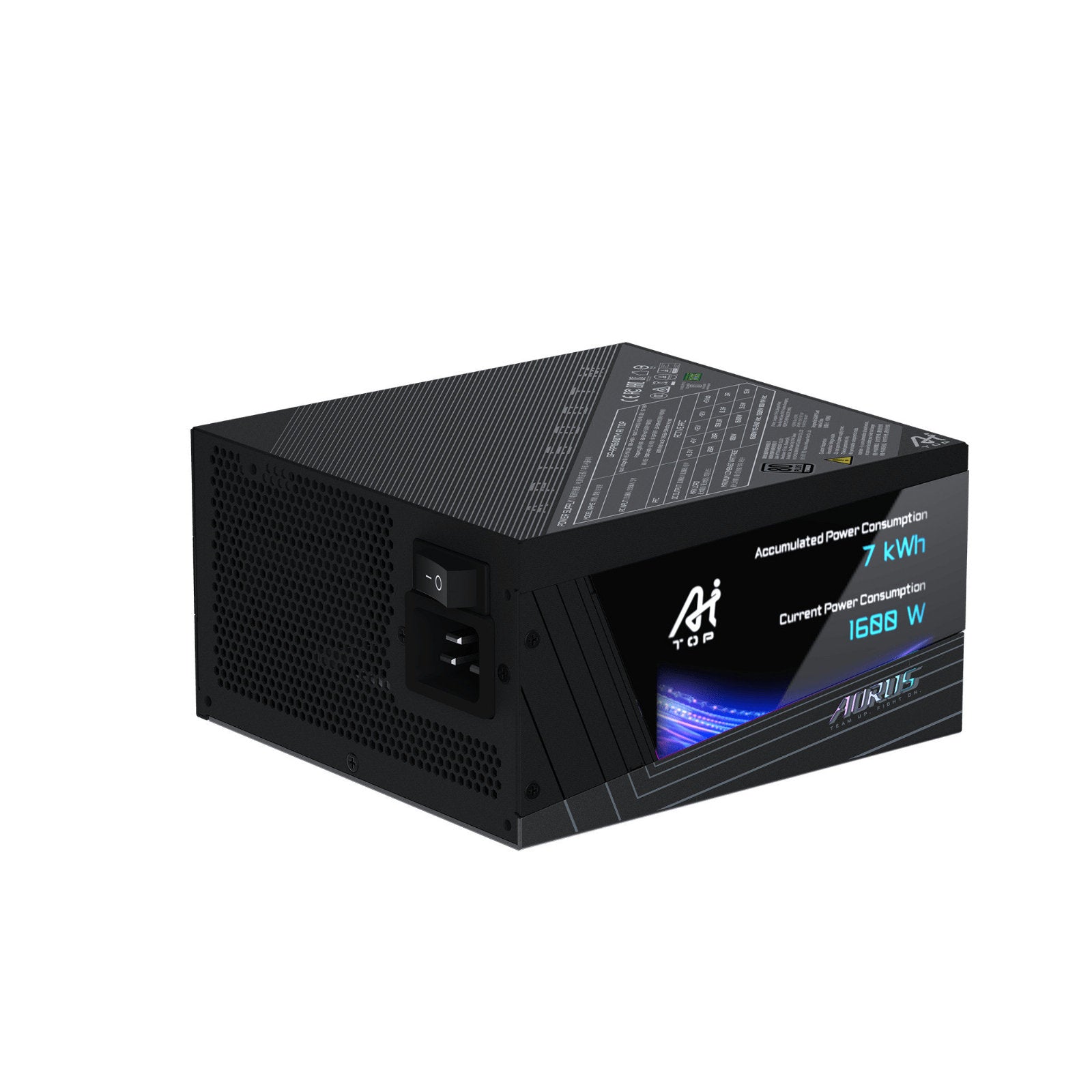 GIGABYTE AORUS P1600W AI TOP 1600W modular power supply with digital LCD, 140mm fan and RGB lighting