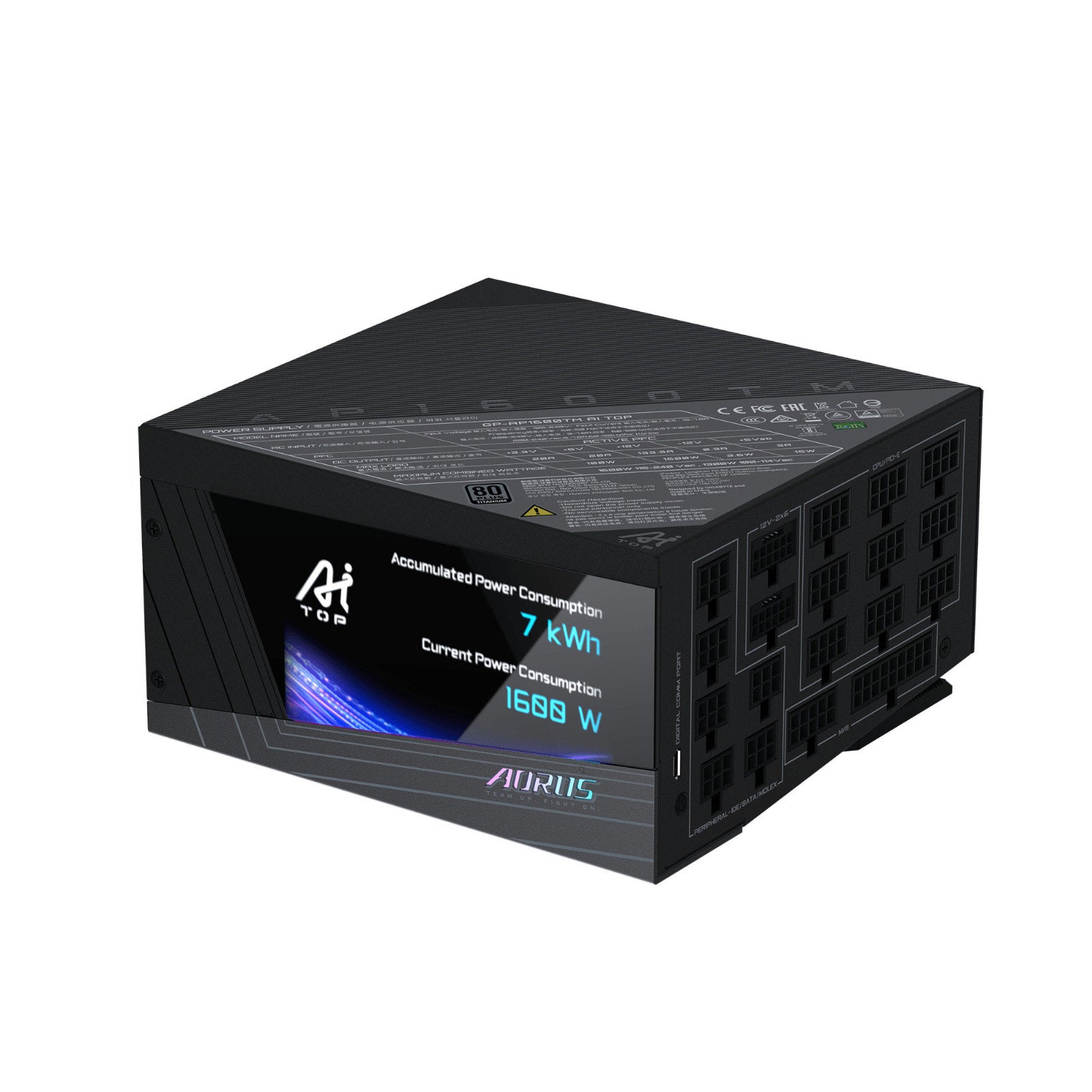 GIGABYTE AORUS P1600W AI TOP 1600W modular power supply with digital LCD display and RGB lighting