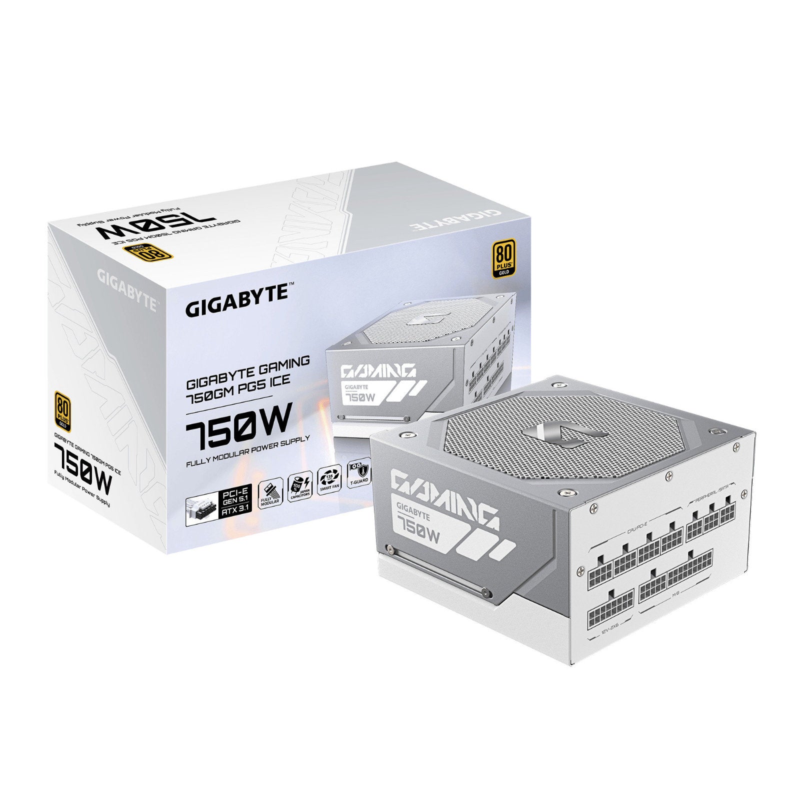 White GIGABYTE GAMING 750GM PG5 ICE 750W fully modular power supply with 135mm smart fan and 12V-2x6 connector