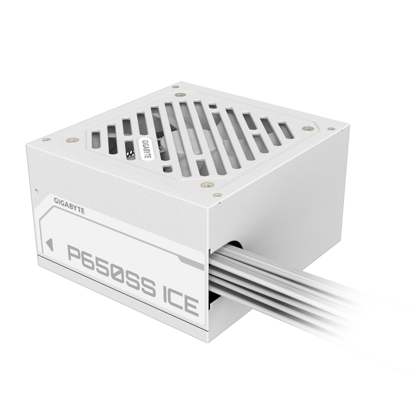 GIGABYTE P650SS ICE 650W ATX power supply in white with 120mm fan, flat cables, and non-modular design