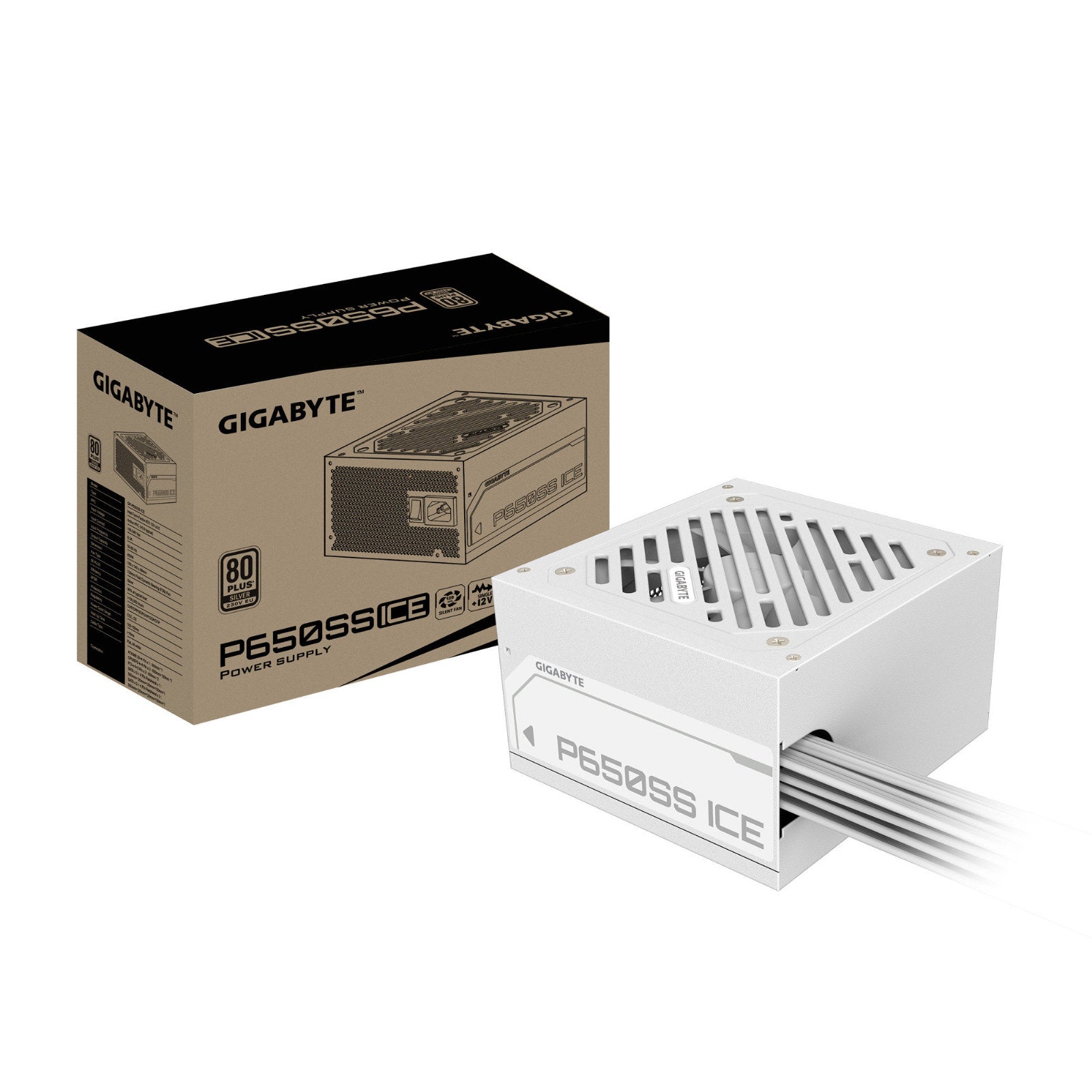 GIGABYTE P650SS ICE 650W ATX power supply in white with 120mm fan and flat cables