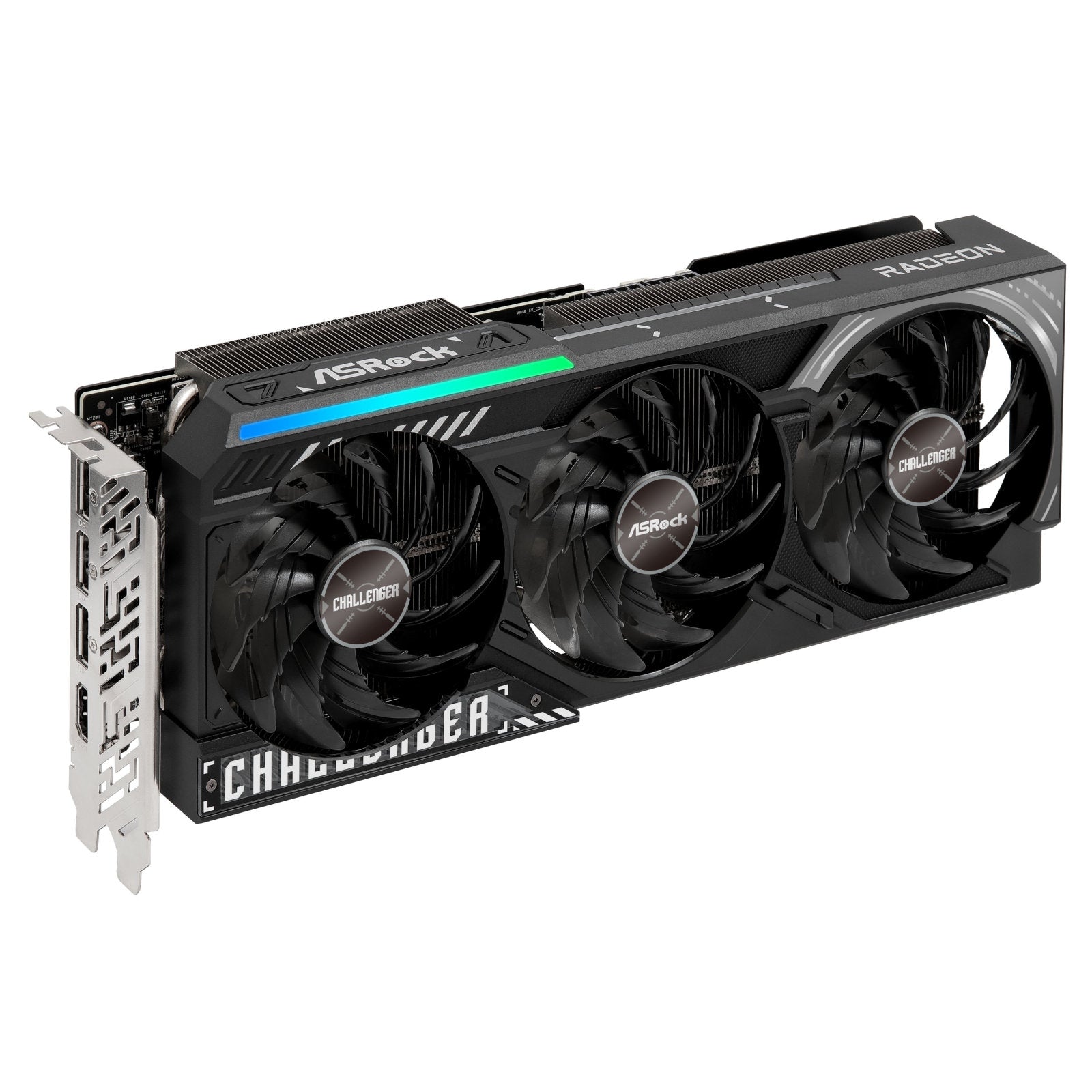 ASRock Radeon RX 9070 XT Challenger 16GB graphics card with triple-fan cooling and HDMI, DisplayPort outputs