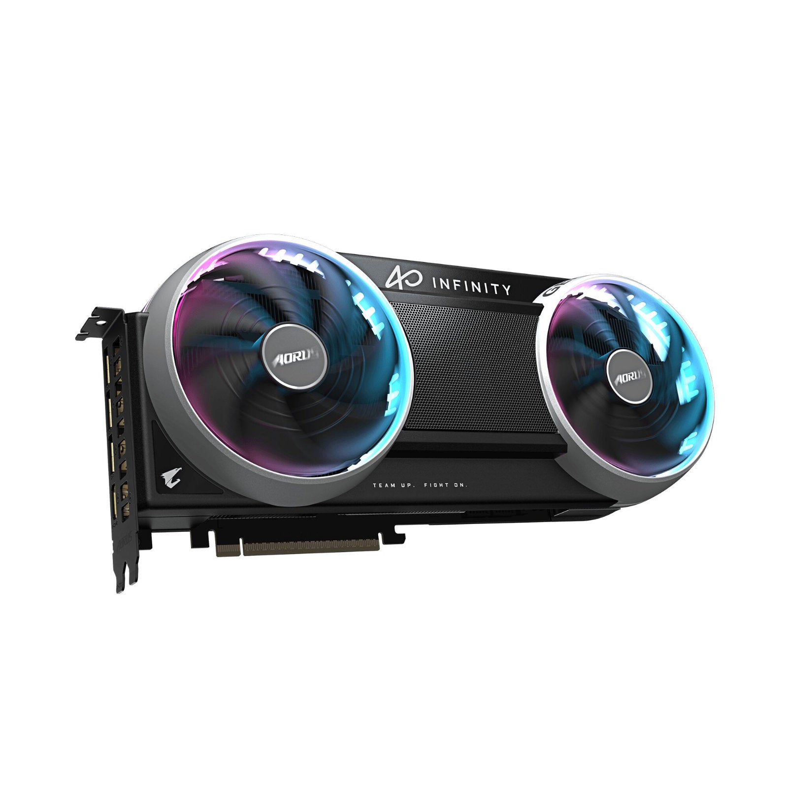GIGABYTE GeForce RTX 5080 AORUS INFINITY graphics card with triple fans and RGB lighting