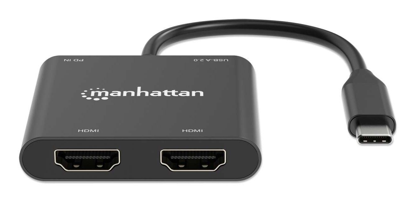 Manhattan USB-C to Dual HDMI & USB-A Adapter, Dual 4K@30Hz or Single 4K@60Hz, Power Delivery 100W, 480 Mbps (USB 2.0), Cable 15cm, Black