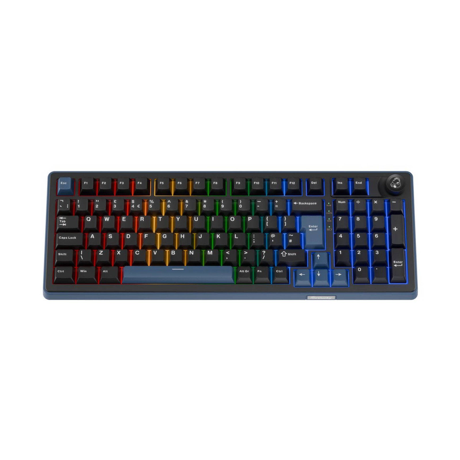 Ducky OK-M Tri-mode mechanical keyboard in black with blue backlit keys, UK layout, wine red switches, and 98-key design.