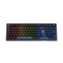 Ducky OK-M Tri-mode mechanical keyboard in black with blue backlit keys, UK layout, wine red switches, and 98-key design.