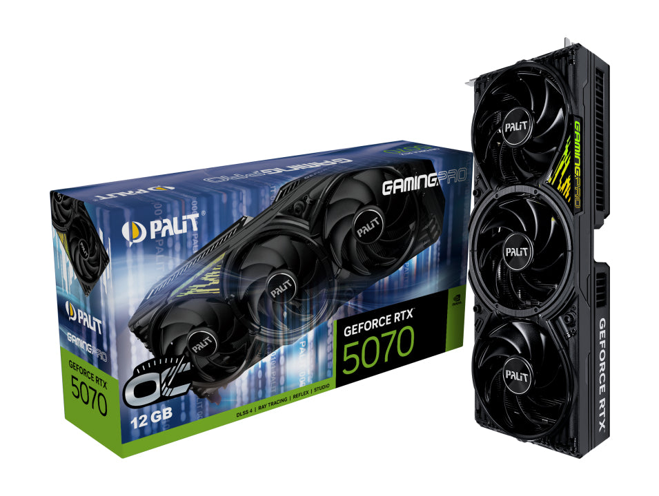 Palit RTX5070 GamingPro OC, PCIe5, 12GB DDR7, HDMI, 3 DP, 2572MHz Clock, RGB Lighting, Overclocked